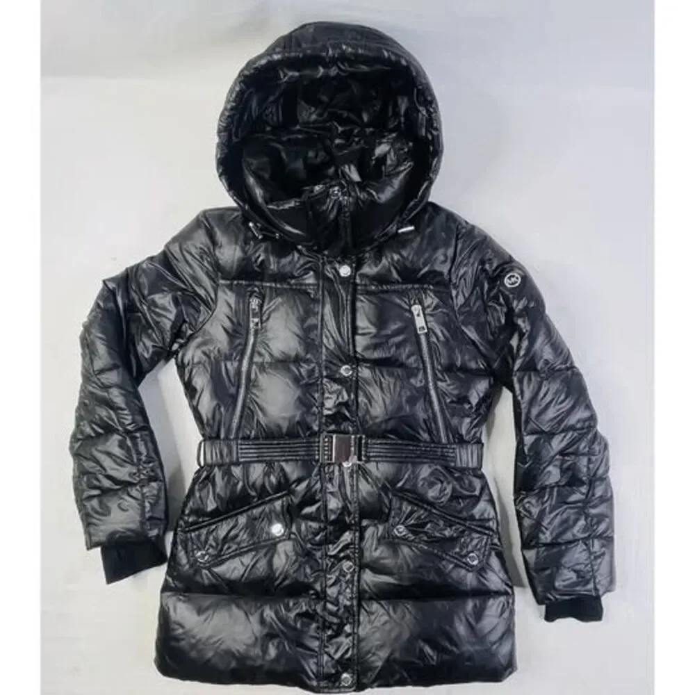 Michael Kors Women's Winter Puffer Hoodie Black And Silver Metal Jacket Size S